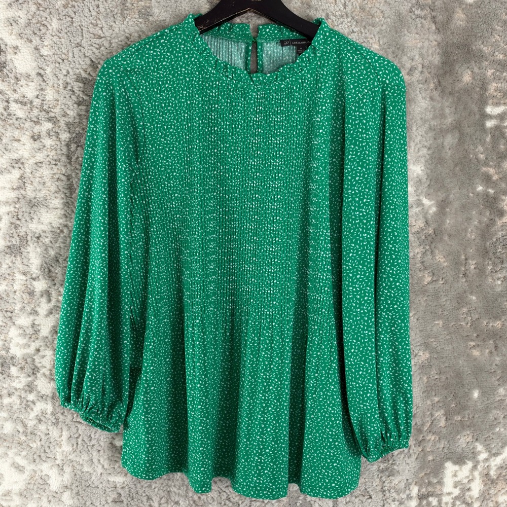 Adrianna Papell Size M Pleated Polka Dot Blouse Green Long Sleeve Women